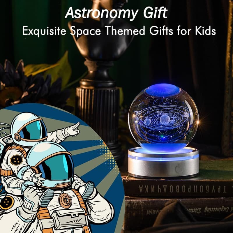 3D Solar System Crystal Ball Model - Space Night Light Gift
