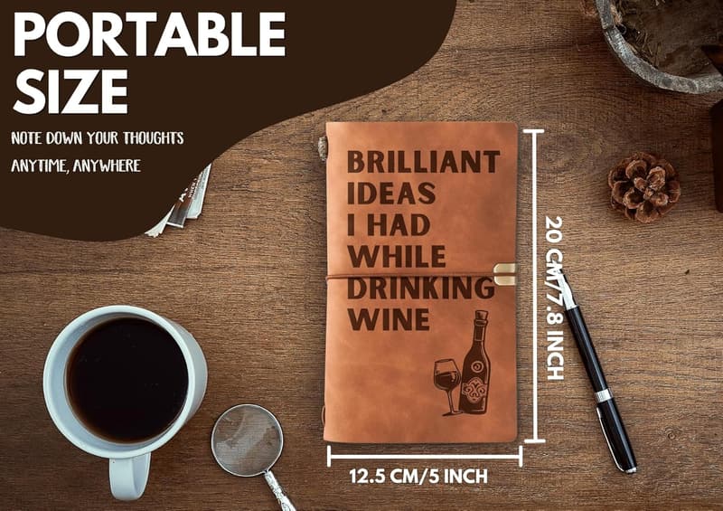 Wine Lovers Leather Journal Notebook with Pen, 7x5 Inches