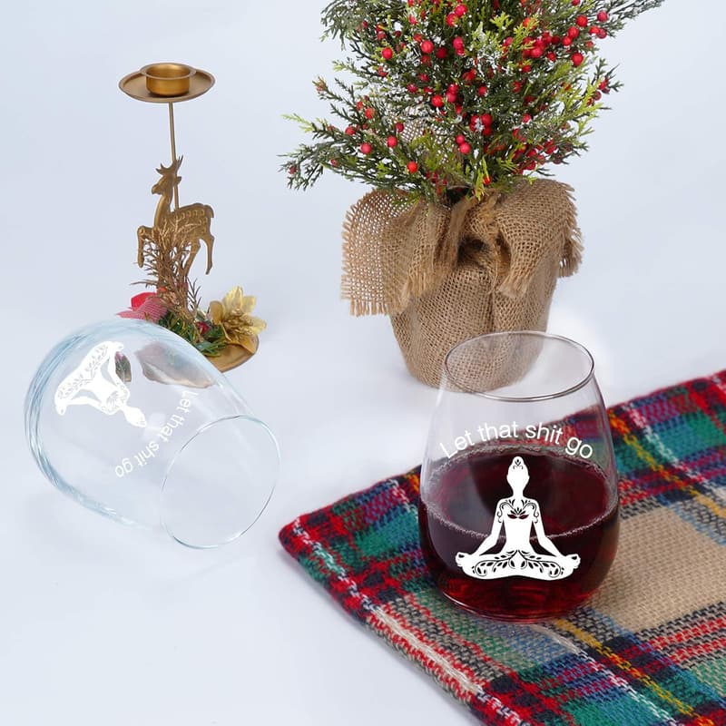 Funny Yoga Gift Stemless Wine Glass for Women, 15 oz