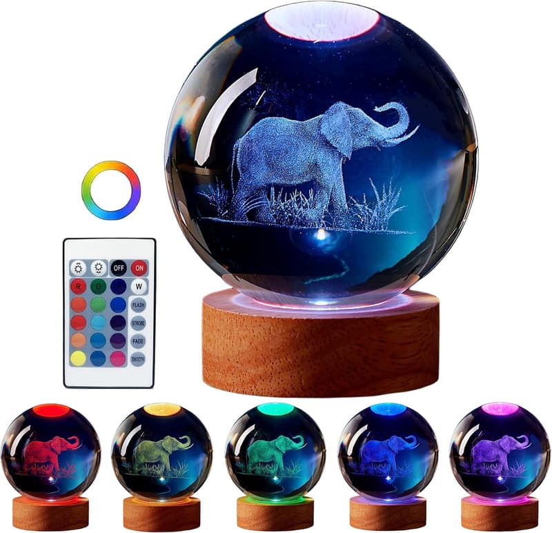 Elephant Crystal Ball Night Light with Remote & Wooden Base