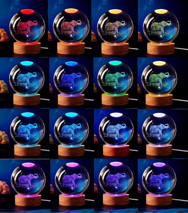 Elephant Crystal Ball Night Light with Remote & Wooden Base