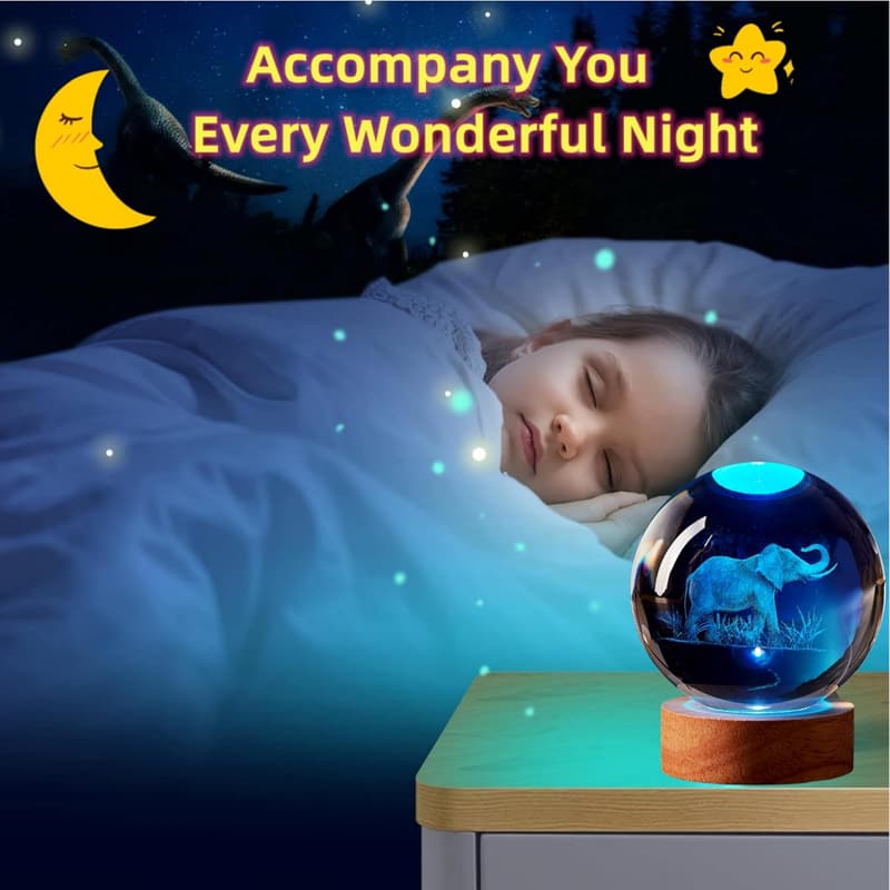 Elephant Crystal Ball Night Light with Remote & Wooden Base
