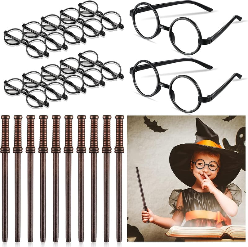 Wizard Party Favors Set: 10 Round Frame Glasses & Wand Pencils