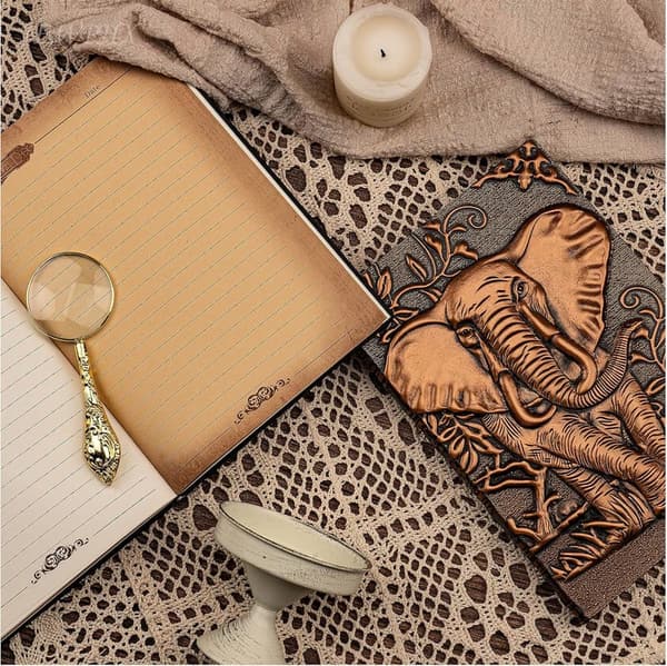 Vintage Leather Elephant Journal with Pen Set - Handmade Travel Diary