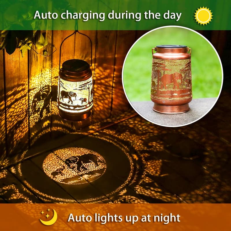 Outdoor Metal Elephant Solar Lanterns - Waterproof LED Garden Lights