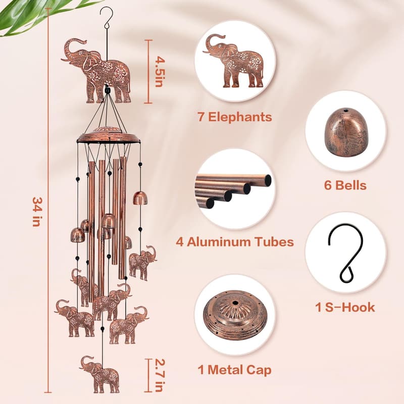 Elephant Wind Chimes - Metal Outdoor Decor for Birthdays