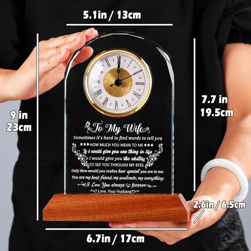 Personalized Glass Clock with Wooden Base for Wife's Birthday