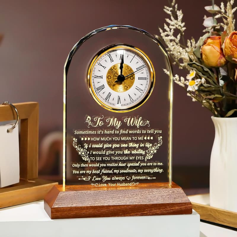 Personalized Glass Clock with Wooden Base for Wife's Birthday