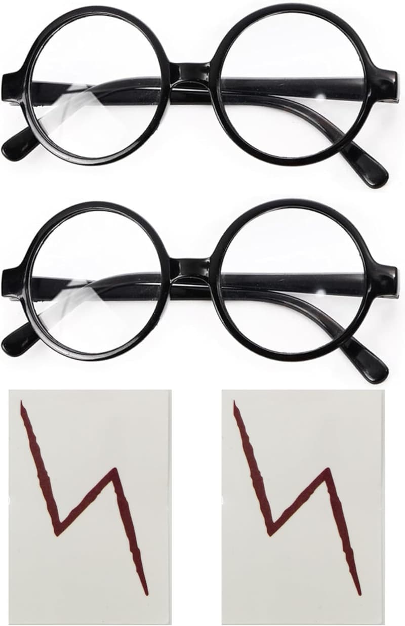 Wizard Costume Glasses & Lightning Bolt Tattoos Set
