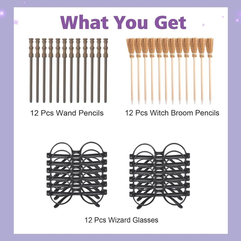 Halloween Party Supplies Kit - 12 Black Round Glasses & Wands