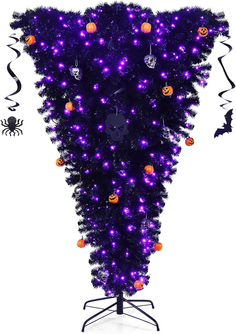 Pre-lit 6ft Upside Down Halloween Tree with 270 Purple LEDs