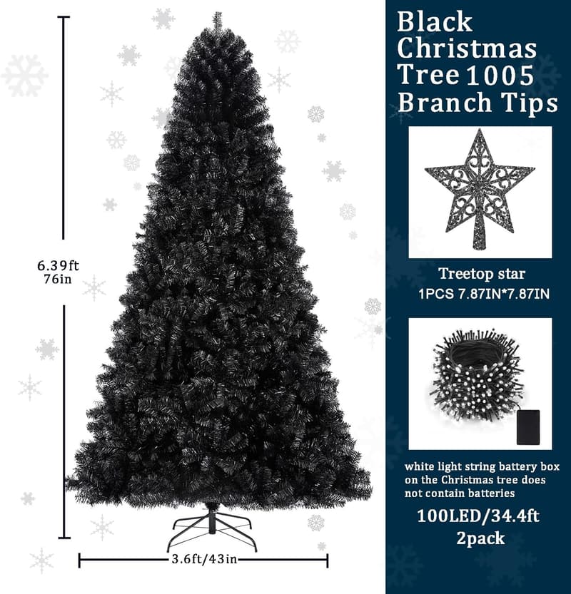 6ft Black Artificial Christmas Tree with LED Lights
