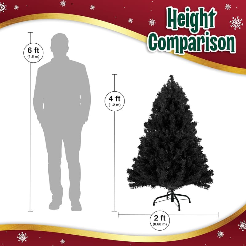 4ft Premium Black Hinged Christmas Tree with Metal Stand