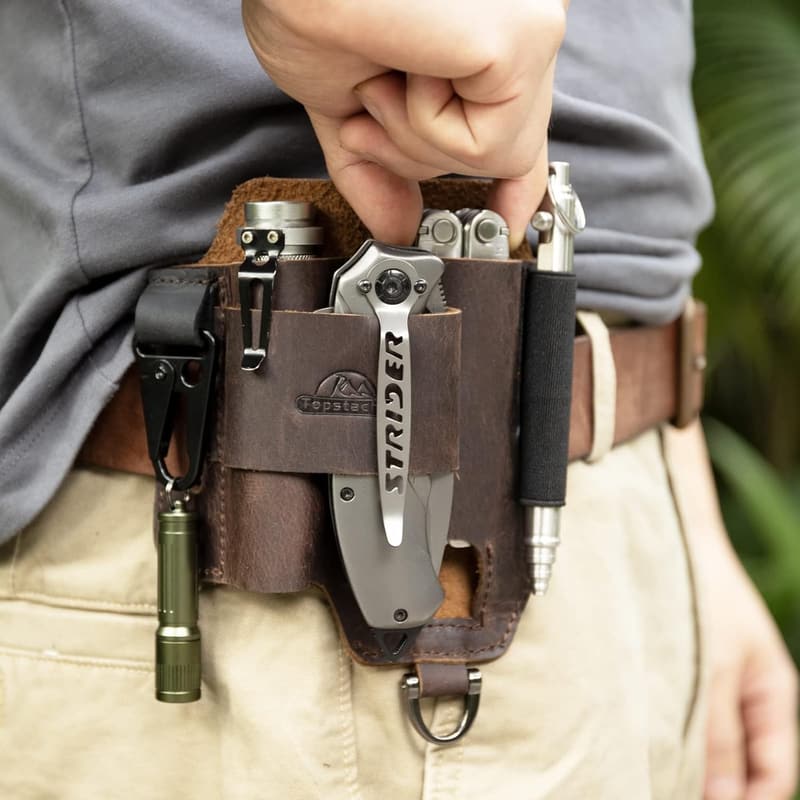 EDC Leather Multitool Sheath for Men - Dark Brown Pocket Organizer