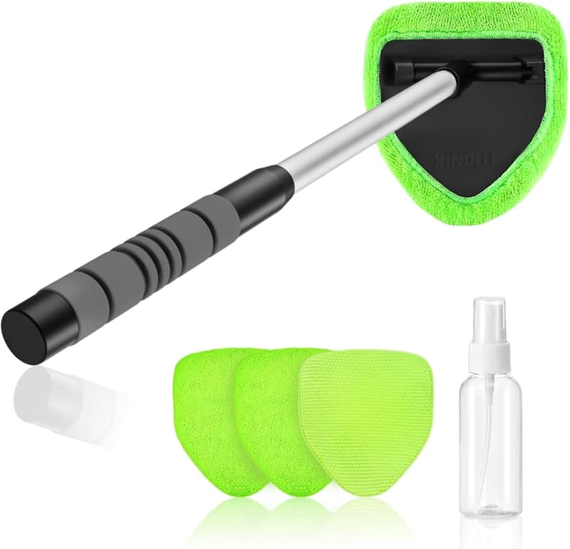Car Interior Glass Cleaner Kit with Extendable Handle & 4 Microfiber Pads