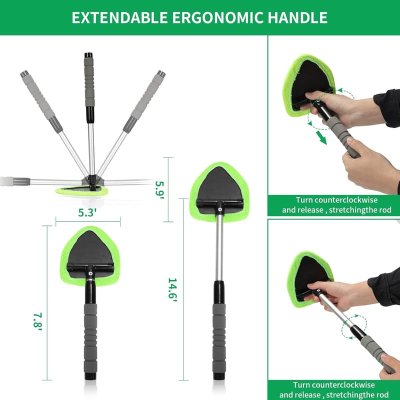 Car Interior Glass Cleaner Kit with Extendable Handle & 4 Microfiber Pads