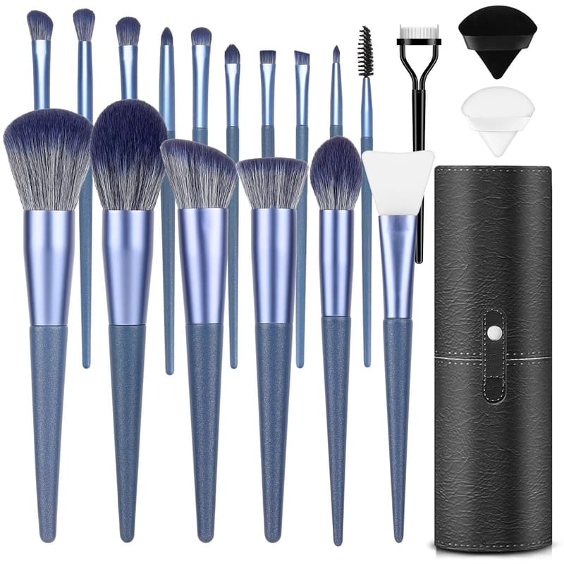 17-Piece Makeup Brush Set with Travel Case - Blue