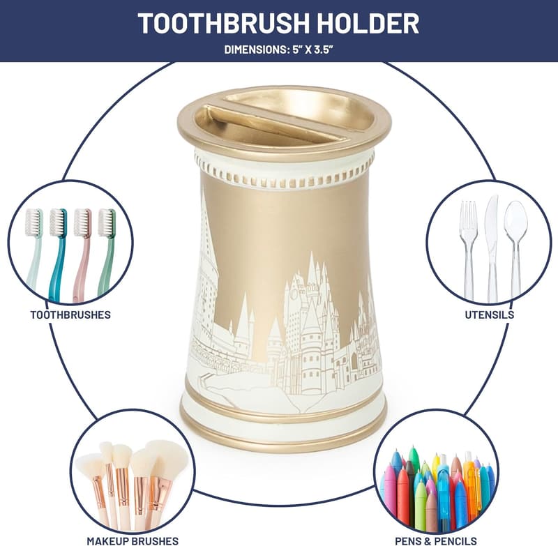 Harry Potter Gold Resin Toothbrush Holder with Hogwarts Castle
