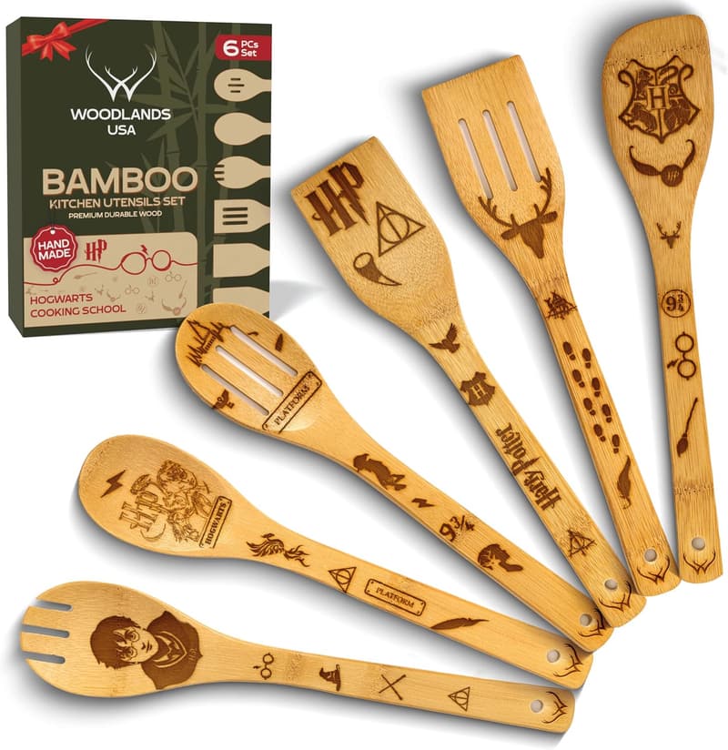 Woodland Kitchen Set: 6-Piece Bamboo Spoons for Potter Fans