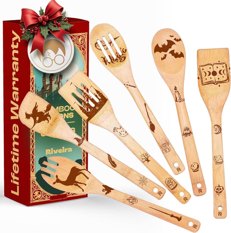 Christmas Organic Wooden Cooking Spoons Set - 6 Pieces for Women