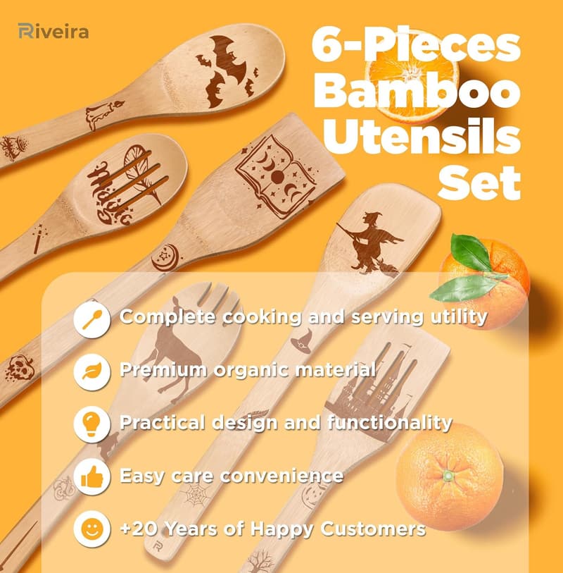 Christmas Organic Wooden Cooking Spoons Set - 6 Pieces for Women