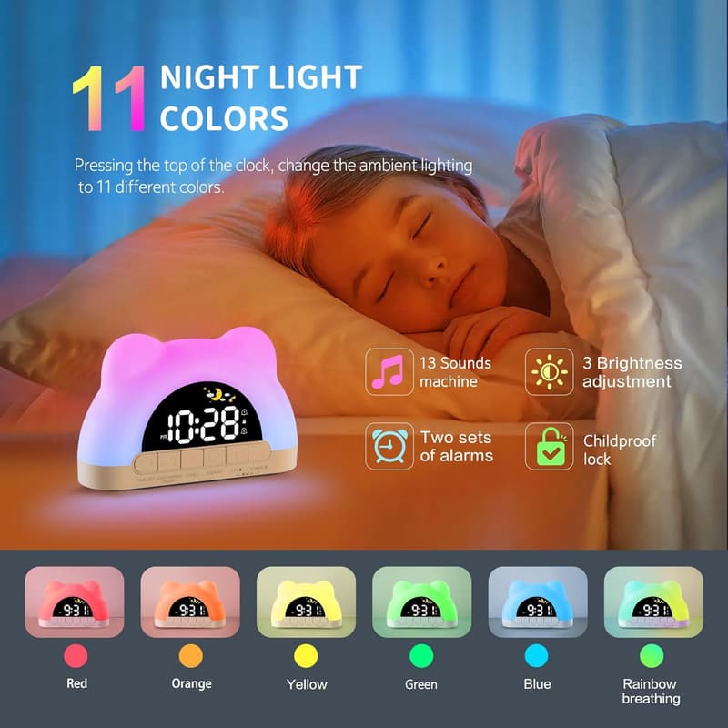 Kids Sleep Training Alarm Clock with Night Light & Sound Machine