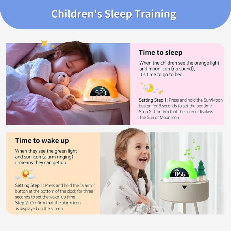 Kids Sleep Training Alarm Clock with Night Light & Sound Machine