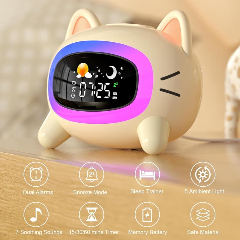 Kids Sleep Training Alarm Clock with Night Light and Sound Machine