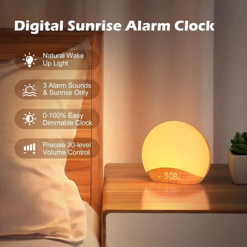 Wood Grain Sunrise Alarm Clock & Sound Machine for All Ages