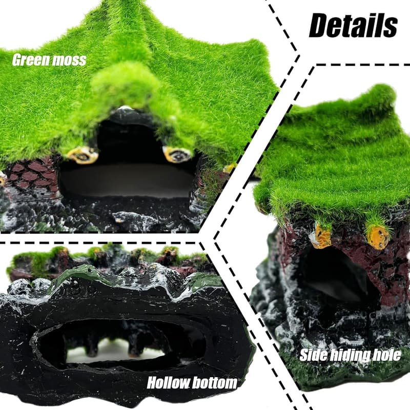 Betta Fish Hollow Hideout Cave Ornament with Moss