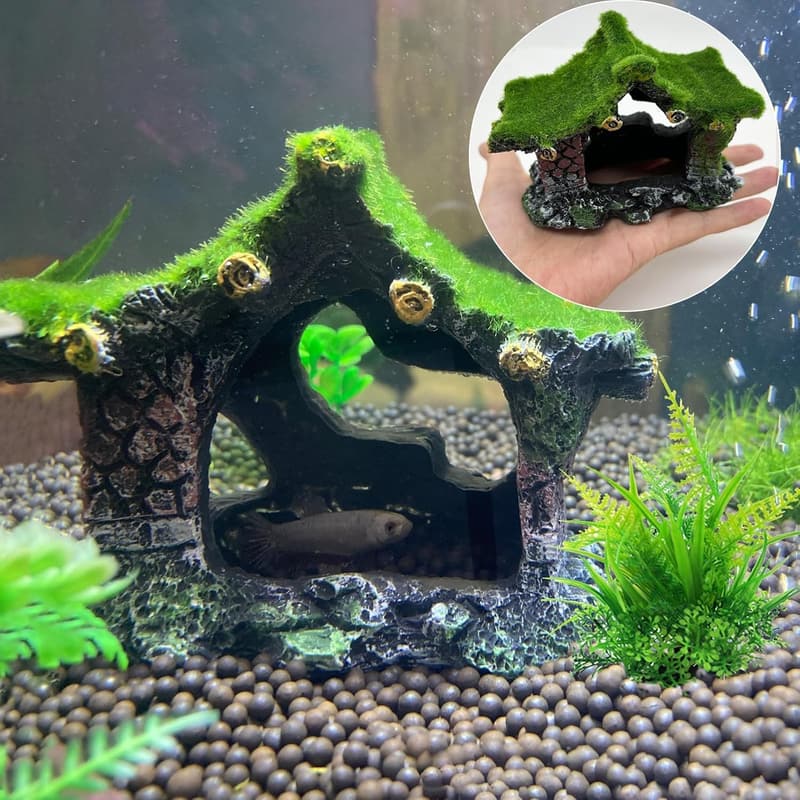 Betta Fish Hollow Hideout Cave Ornament with Moss