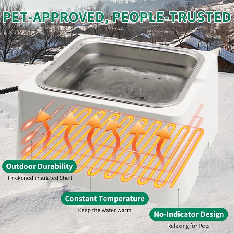 Heated Outdoor Pet Water Dish - 110oz Stainless Steel Bowl