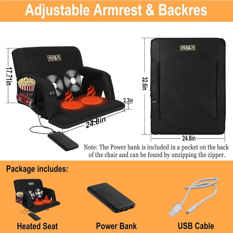 Heated Reclining Stadium Seat with Portable Charger