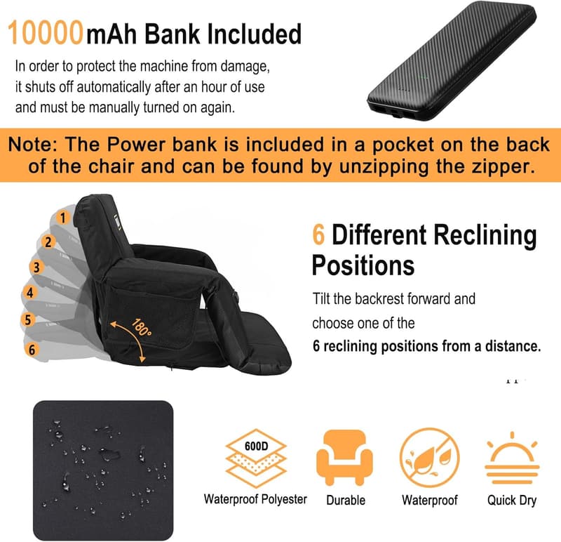 Heated Reclining Stadium Seat with Portable Charger