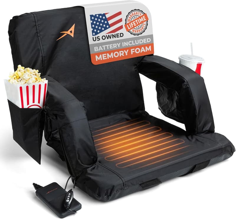 Heated Stadium Seat with Back Support - Foldable, USB Battery, 3 Heat Levels