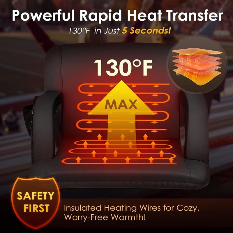 Portable Heated Stadium Seat with Back Support and 3 Heat Levels