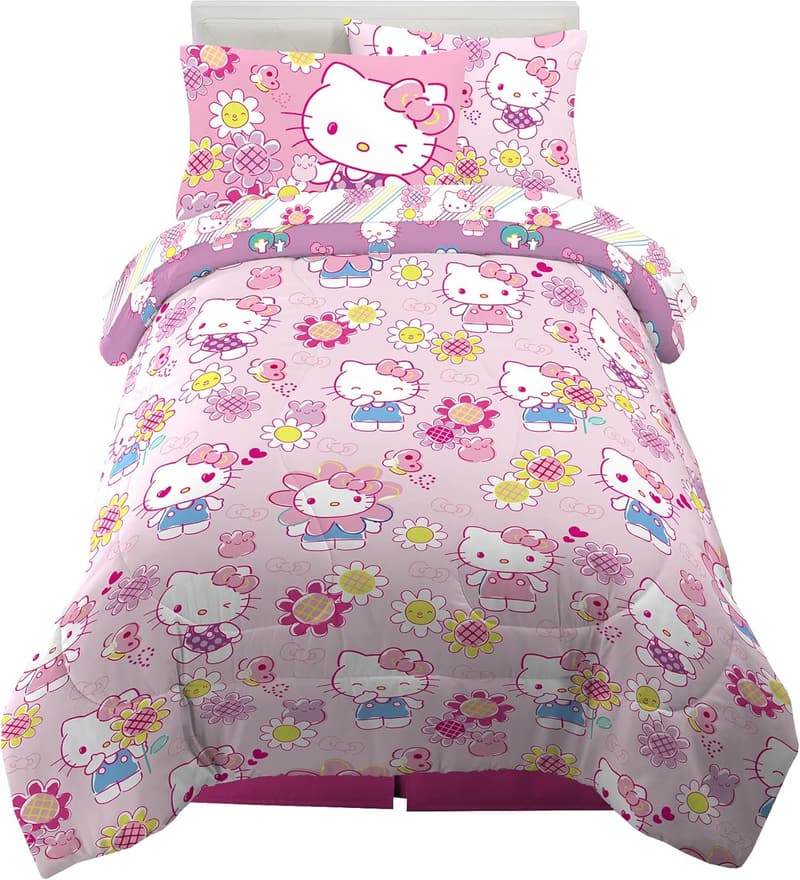Hello Kitty Twin Comforter and Sheet Set, 5-Piece Kids Collection