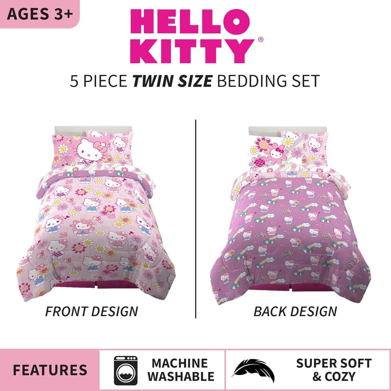 Hello Kitty Twin Comforter and Sheet Set, 5-Piece Kids Collection