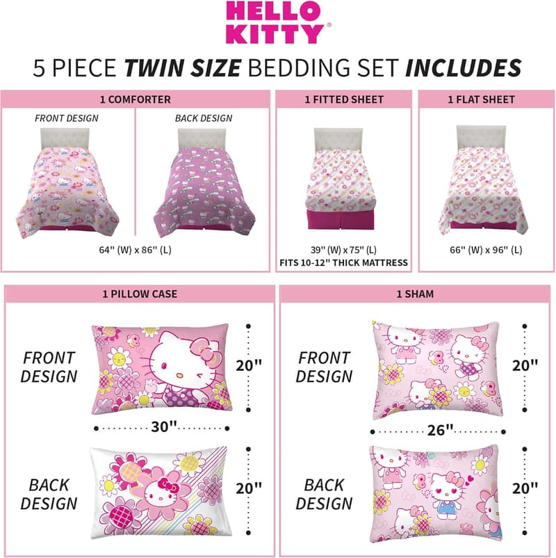 Hello Kitty Twin Comforter and Sheet Set, 5-Piece Kids Collection