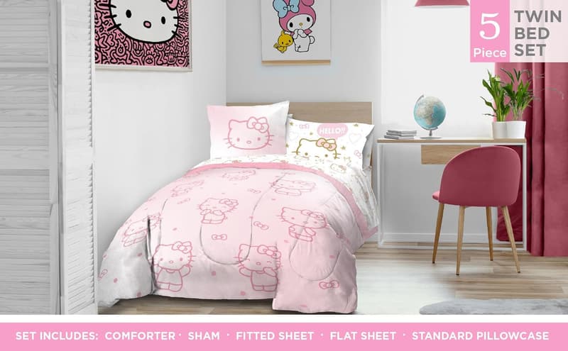 Hello Kitty Twin Bedding Set - 5 Piece Comforter & Sheet Set