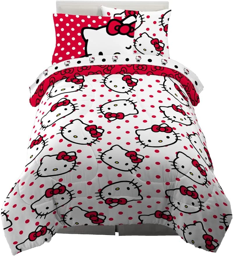 Hello Kitty Polka Dot Twin Bedding Set - 5 Piece Comforter & Sheets
