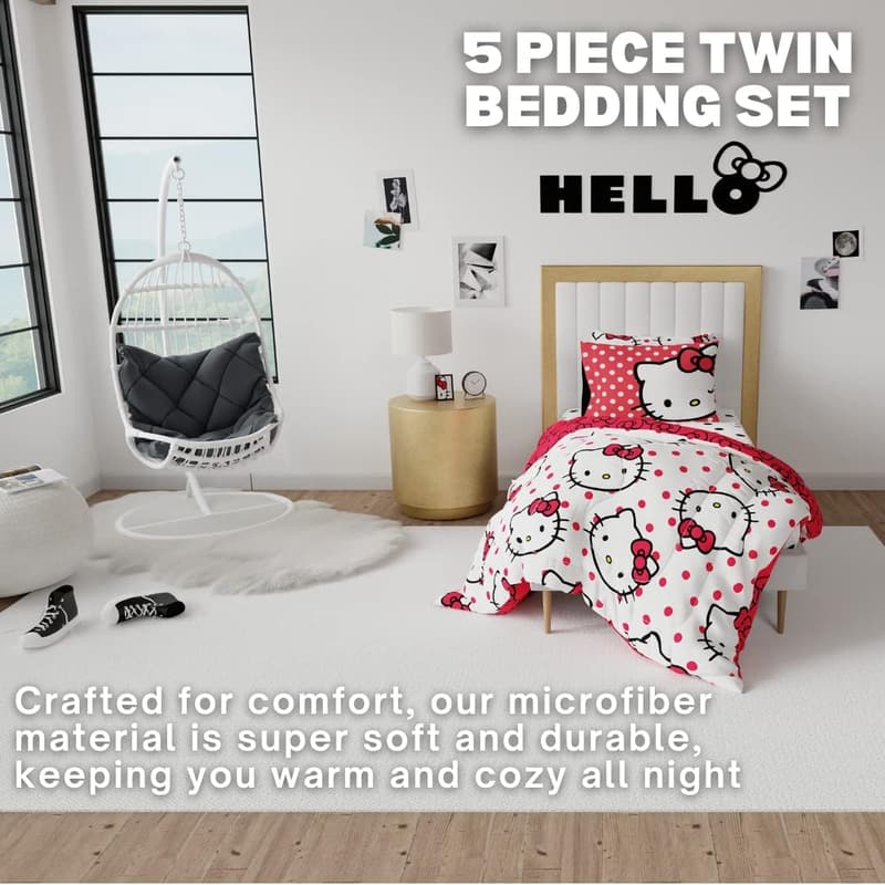 Hello Kitty Polka Dot Twin Bedding Set - 5 Piece Comforter & Sheets