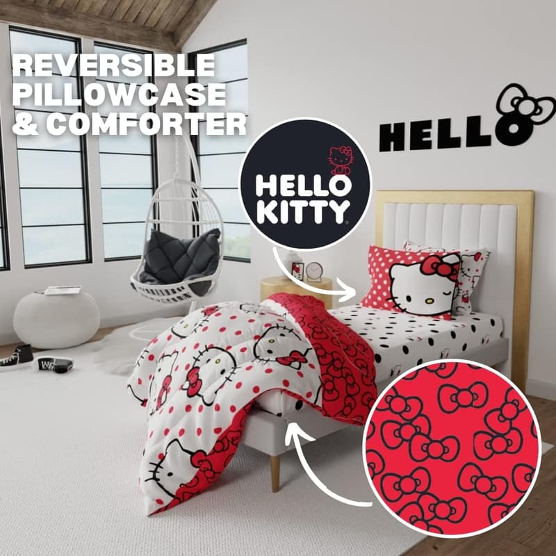 Hello Kitty Polka Dot Twin Bedding Set - 5 Piece Comforter & Sheets
