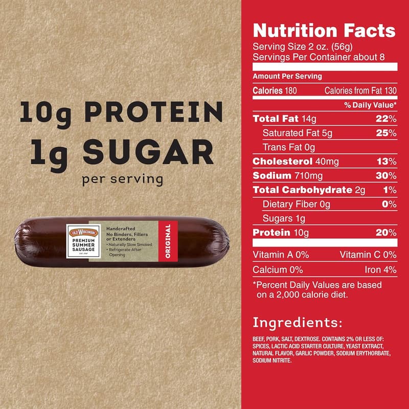 Old Wisconsin Summer Sausage, 100% Natural, Keto-Friendly, 16 oz