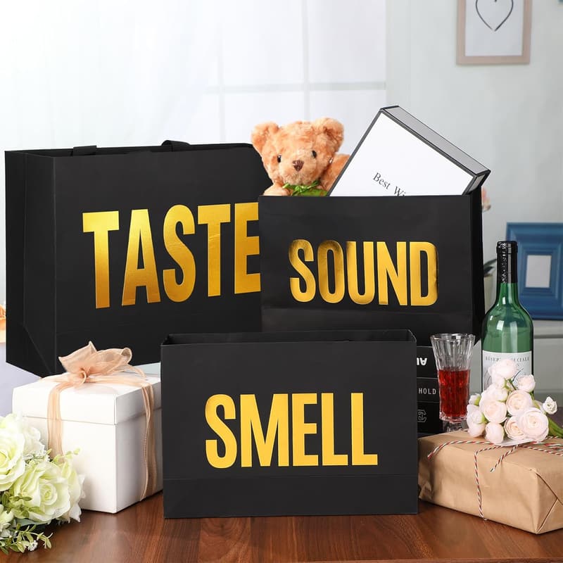 5 Senses Gift Bags for Him - Black Paper with Ribbon Handles