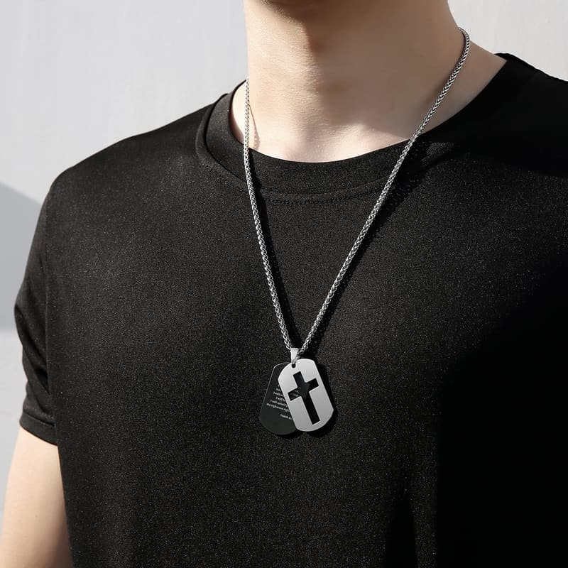 Graduation Dog Tag Cross Necklace for Men with Bible Verse