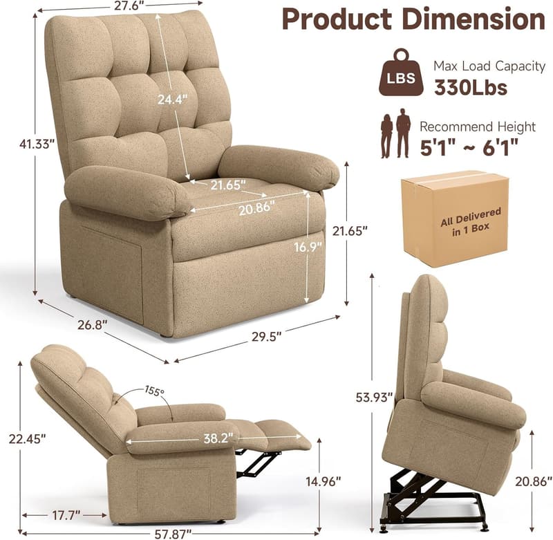 Electric Lift Recliner Chair for Seniors - Triple Motor, Beige-Brown