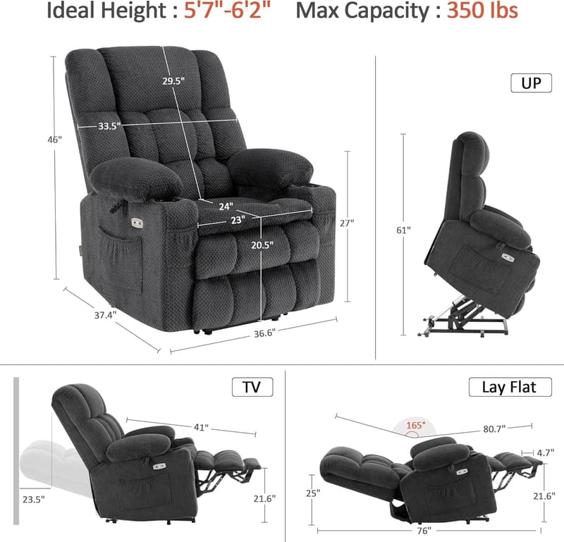 Large Dual Motor Power Lift Recliner Sofa for Tall Seniors