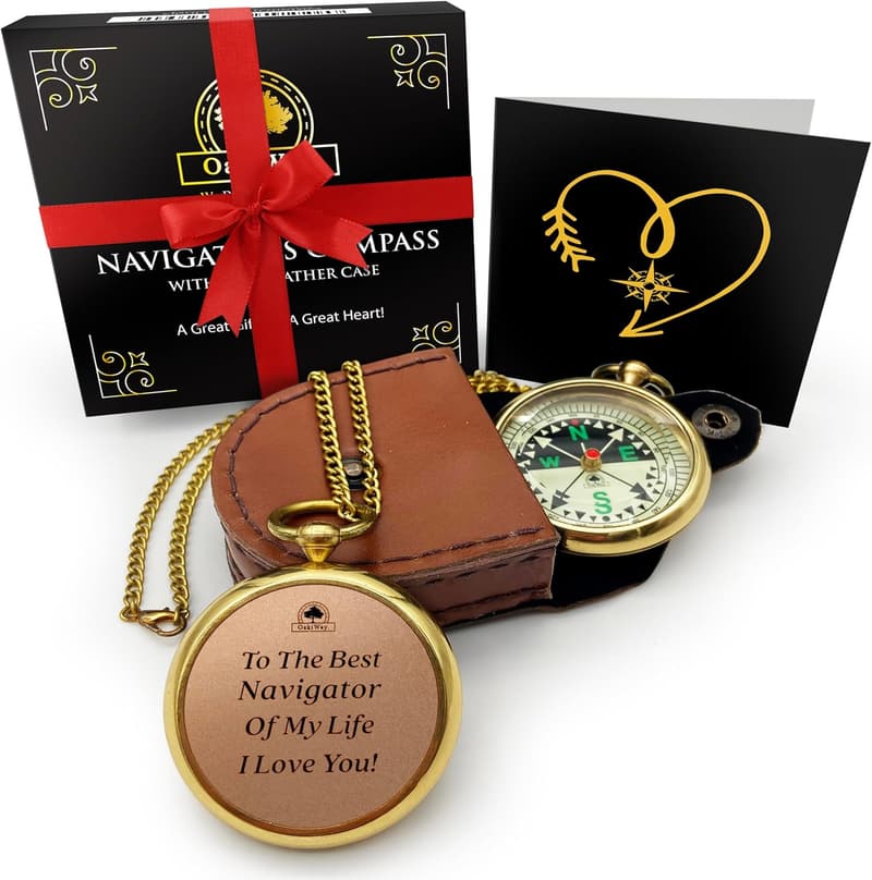 Birthday Gift Pocket Watch Compass with Chain & Leather Case for Dad