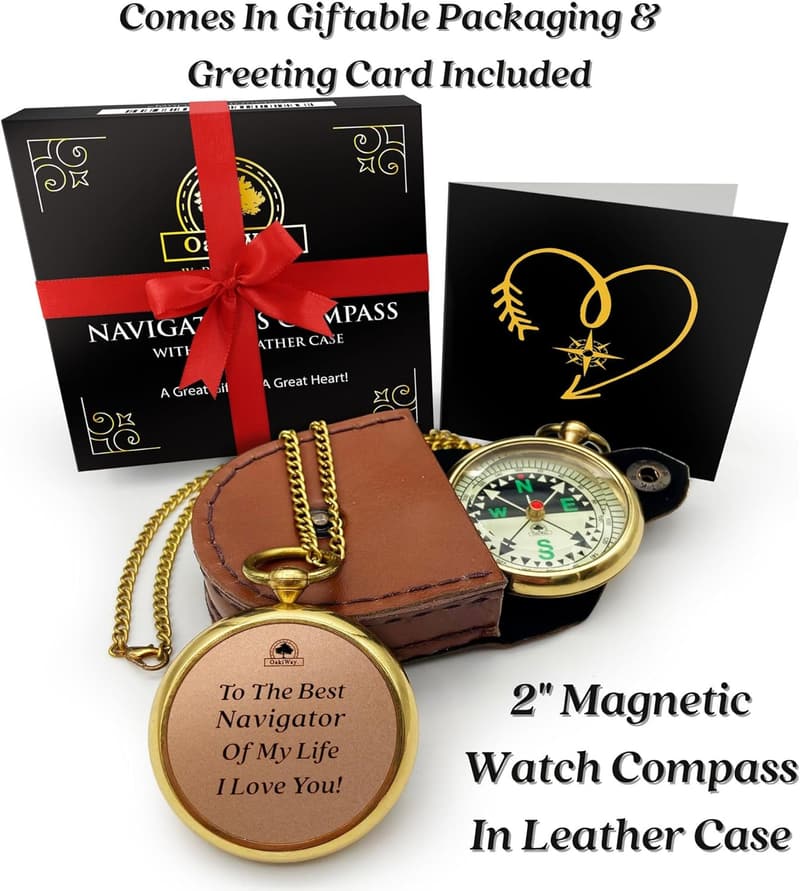 Birthday Gift Pocket Watch Compass with Chain & Leather Case for Dad